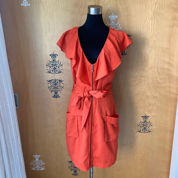 Vintage Y2K 2000s Bebe Coral Orange Ruffle Sleeve Zip-Up Mini Dress Tie Belt S/M - Picture 8 of 15